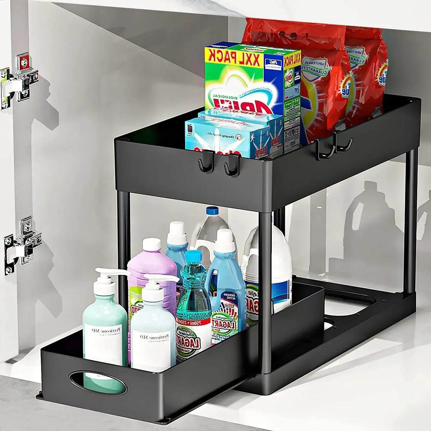 2-Tier Under Sink Organizer Rack with Sliding Baskets & Hooks