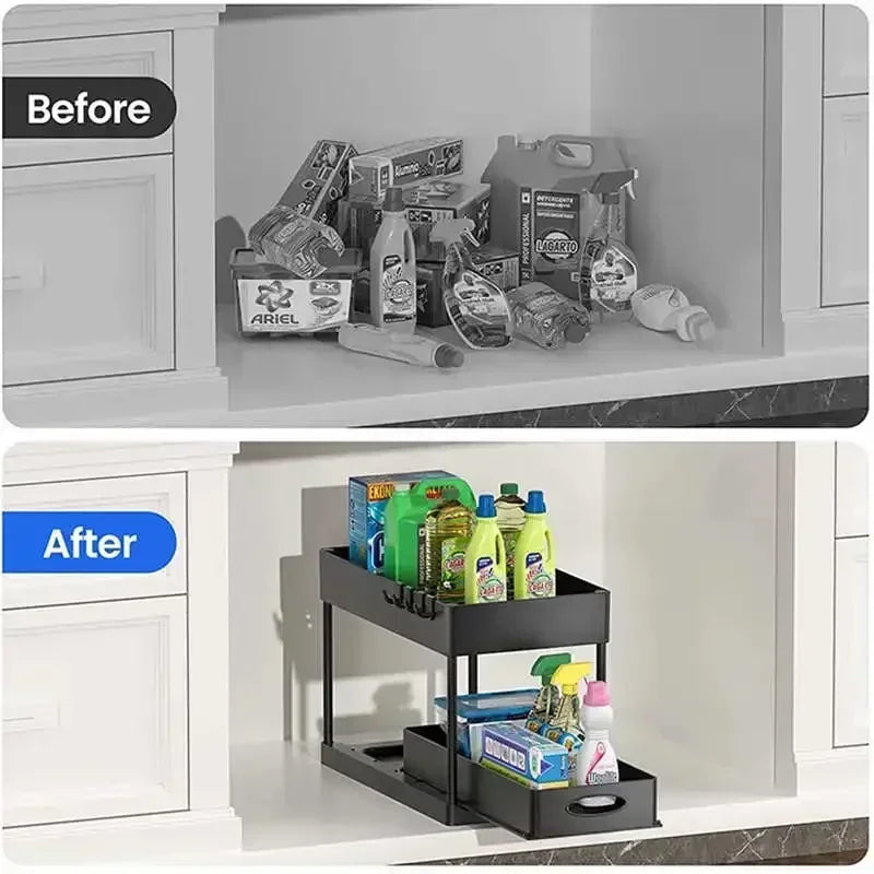 2-Tier Under Sink Organizer Rack with Sliding Baskets & Hooks
