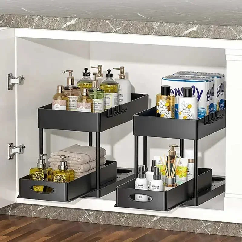 2-Tier Under Sink Organizer Rack with Sliding Baskets & Hooks