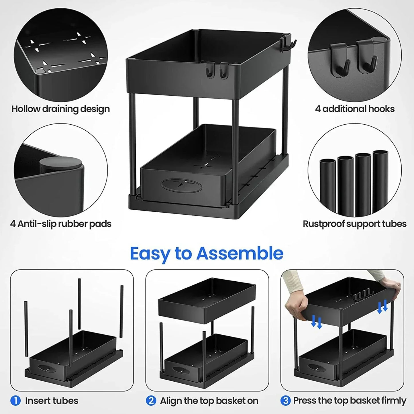 2-Tier Under Sink Organizer Rack with Sliding Baskets & Hooks