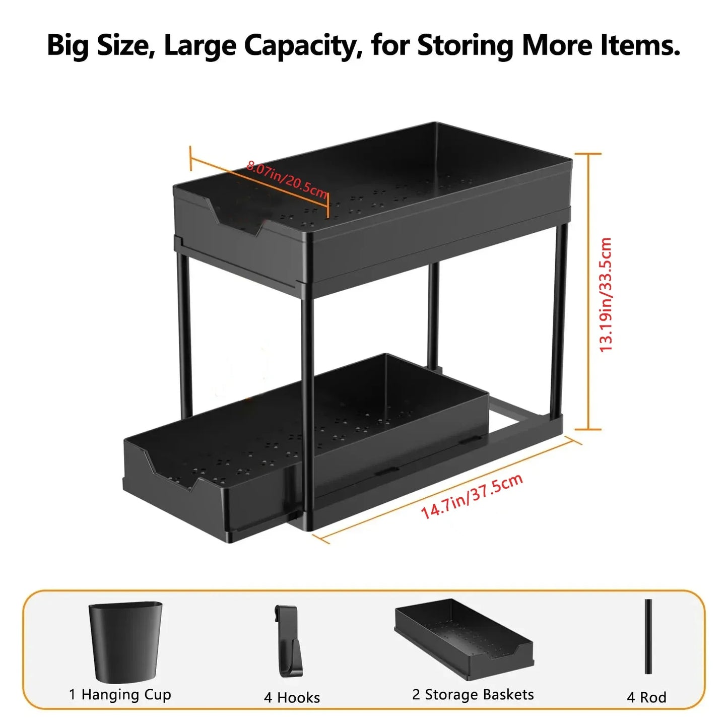 2-Tier Under Sink Organizer Rack with Sliding Baskets & Hooks