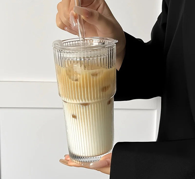 600ML Ribbed Glass Cup with Lid & Straw – Iced Coffee & Juice Tumble