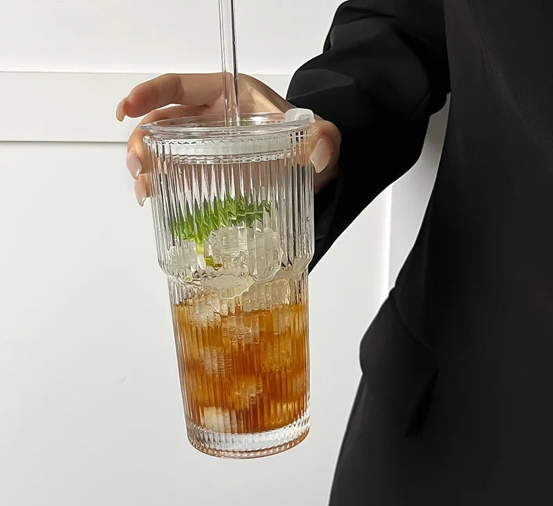 600ML Ribbed Glass Cup with Lid & Straw – Iced Coffee & Juice Tumble