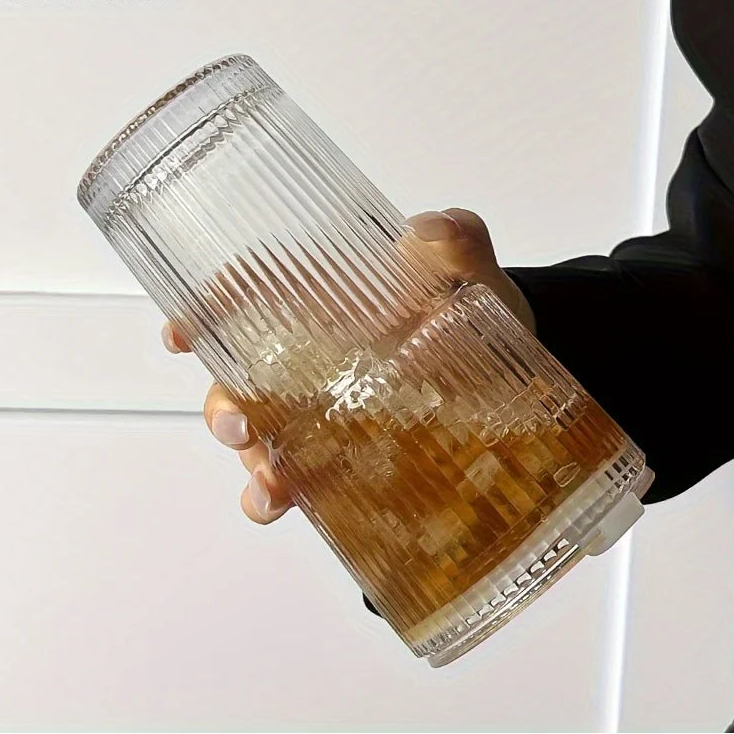 600ML Ribbed Glass Cup with Lid & Straw – Iced Coffee & Juice Tumble