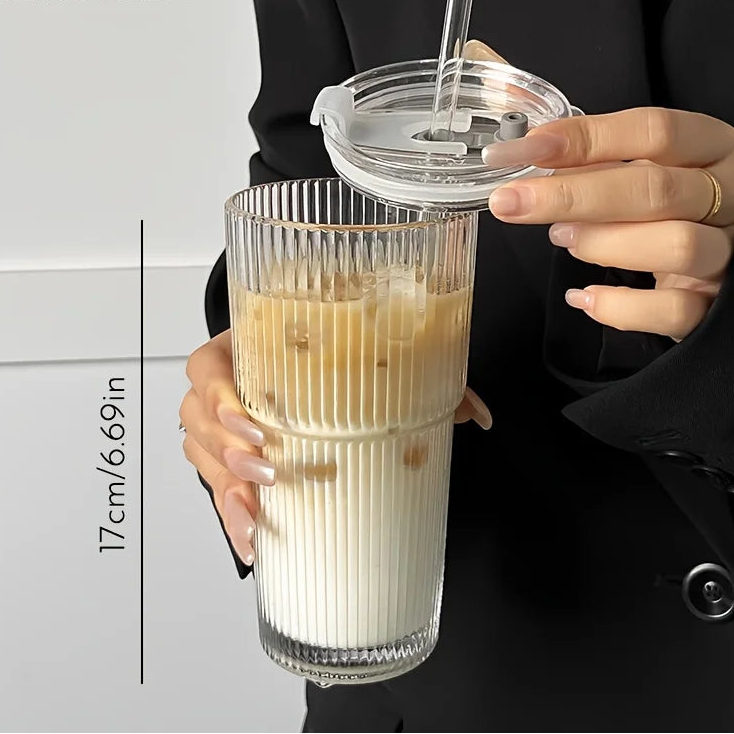 600ML Ribbed Glass Cup with Lid & Straw – Iced Coffee & Juice Tumble