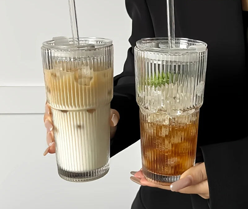 600ML Ribbed Glass Cup with Lid & Straw – Iced Coffee & Juice Tumble