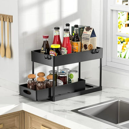 2-Tier Under Sink Organizer Rack with Sliding Baskets & Hooks