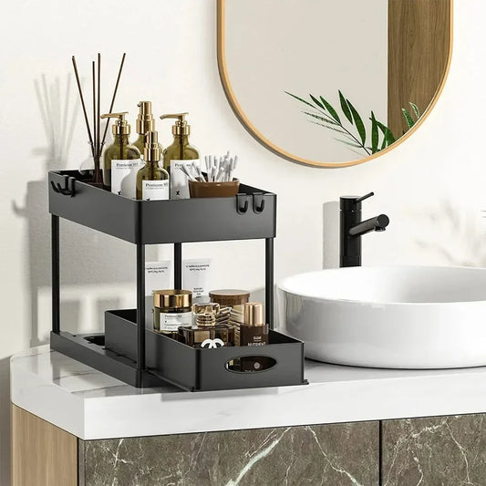 2-Tier Under Sink Organizer Rack with Sliding Baskets & Hooks