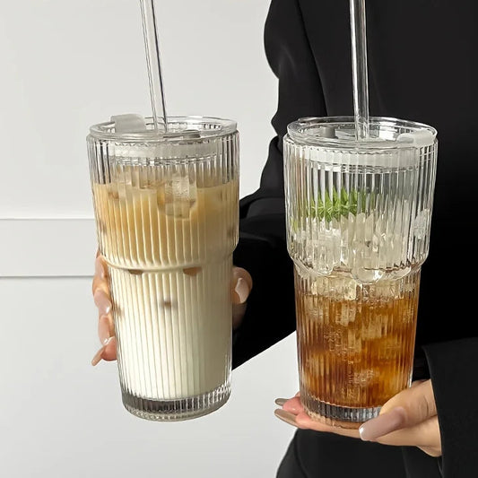 600ML Ribbed Glass Cup with Lid & Straw – Iced Coffee & Juice Tumble